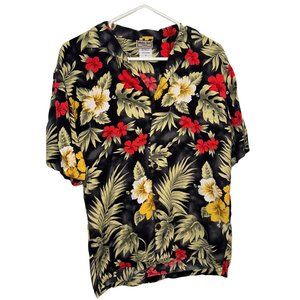 Aloha Hut Hawaiian Shirt Mens Size Large Black Red Yellow Floral Rayon